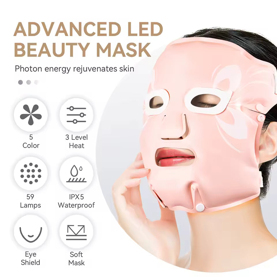 Advanced LED beauty mask with features listed on a light gray background