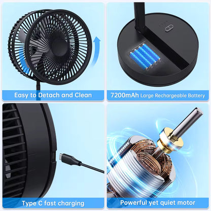 InzysJointRelief - Foldable Portable Standing Fan 7200mAh USB Rechargeable, Telescopic Quiet Desktop Fan, 4 Speed with Remote