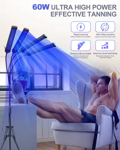 InzysJointRelief - 360° 4-Head Blue Light Tanning Lamp 60W – 432 LED Solarium Machine 460nm 490nm