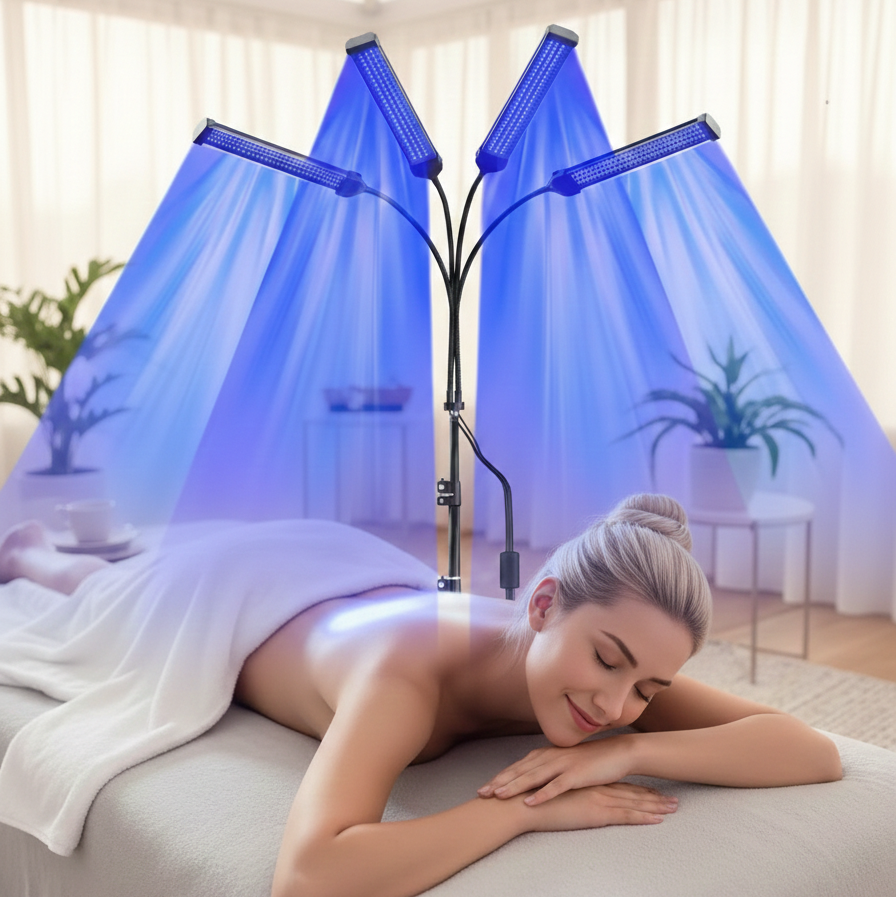 Woman receiving LED light therapy in a bright room with plants.