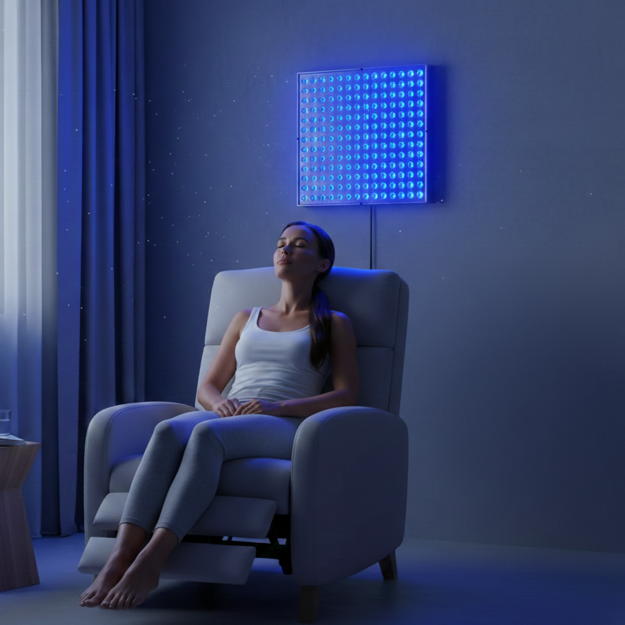 Woman sitting in a recliner chair under a blue light therapy panel in a dimly lit room.