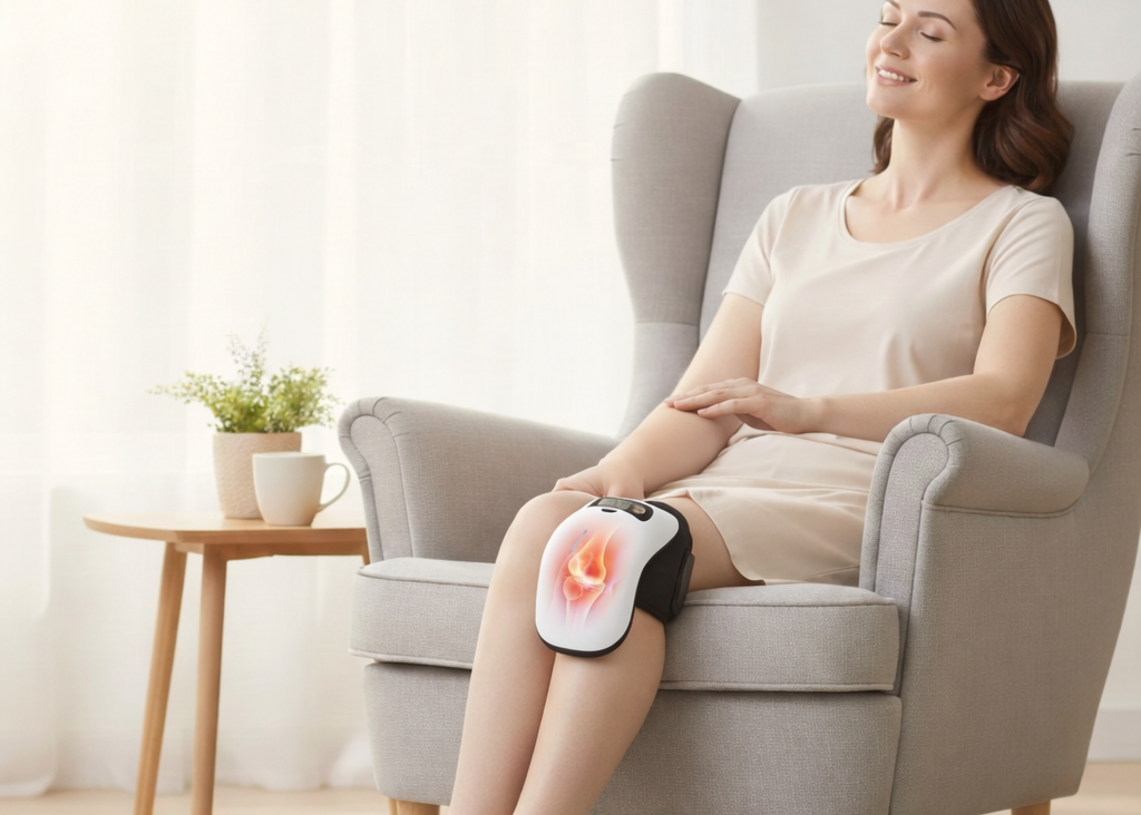 Woman using a knee massager in a living room setting